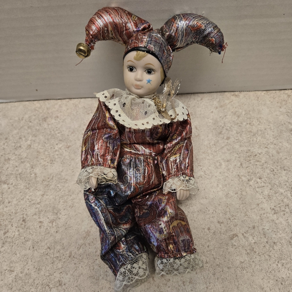 Vintage Porcelain Jester Clown Doll 9 Inch